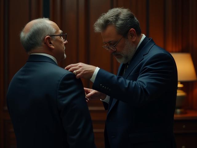 A master tailor meticulously taking measurements from a gentleman in a well-appointed, luxurious studio.