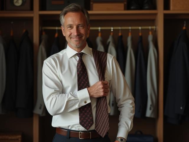 Man confidently selecting a tie from his impeccably organized closet