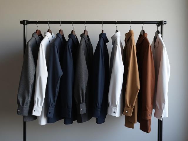 A garment rack filled with men's clothing in a harmonious neutral and muted color palette