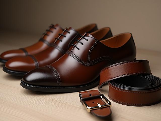 A collection of high-quality leather shoes and matching belts for men