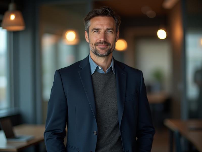 Professional headshot of a confident tech CEO in sophisticated smart casual wear