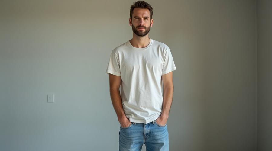 Before: A man in ill-fitting light-wash jeans and a faded, generic t-shirt, appearing disheveled.