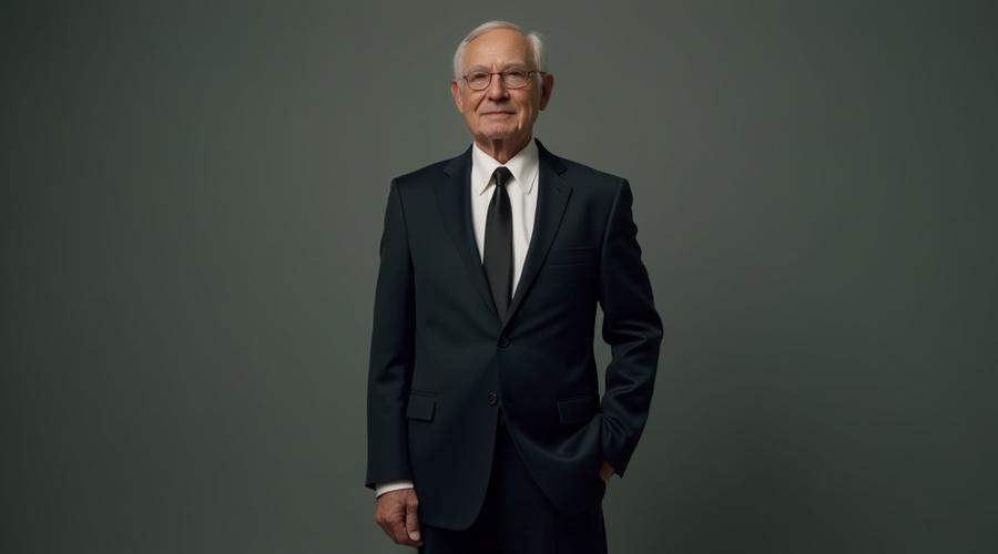 Before: A man wearing an old, boxy, and poorly fitting dark suit with a standard white shirt and conservative tie.