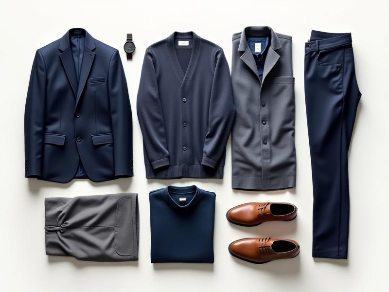 A perfectly arranged flat lay of a minimalist capsule wardrobe for men, featuring approximately 15 versatile clothing items such as tailored blazers, crisp shirts, well-fitting trousers, and a luxury watch, all in a cohesive color palette of blues, grays, and neutrals.